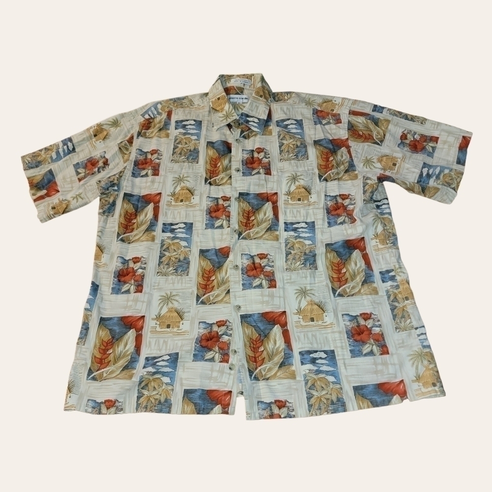 Pierre Cardin Shirt Mens XL Hawaiian Tiki Tropical Vacation Vintage T36